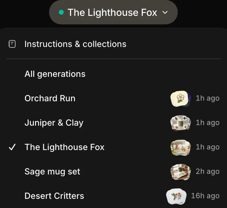 The project menu open over a picture book's feed, listing The Lighthouse Fox, Orchard Run, Juniper & Clay and Desert Critters, each with a pile of its latest images.