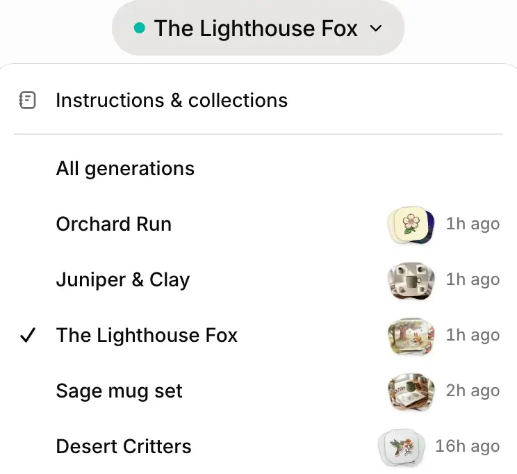 The project menu open over a picture book's feed, listing The Lighthouse Fox, Orchard Run, Juniper & Clay and Desert Critters, each with a pile of its latest images.