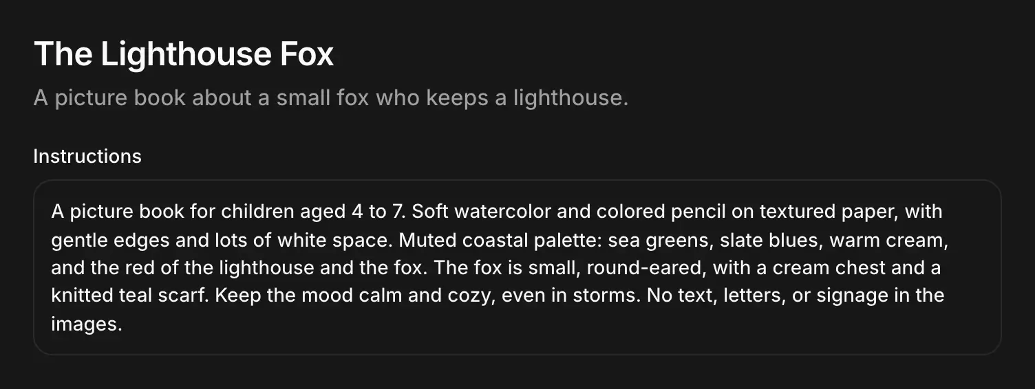 A picture book project's name, description and instructions: the audience, the style, the palette and what to leave out.
