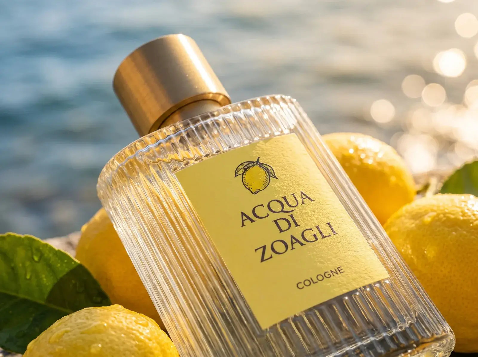 A fluted glass cologne bottle with a yellow lemon label, resting on lemons by the sea