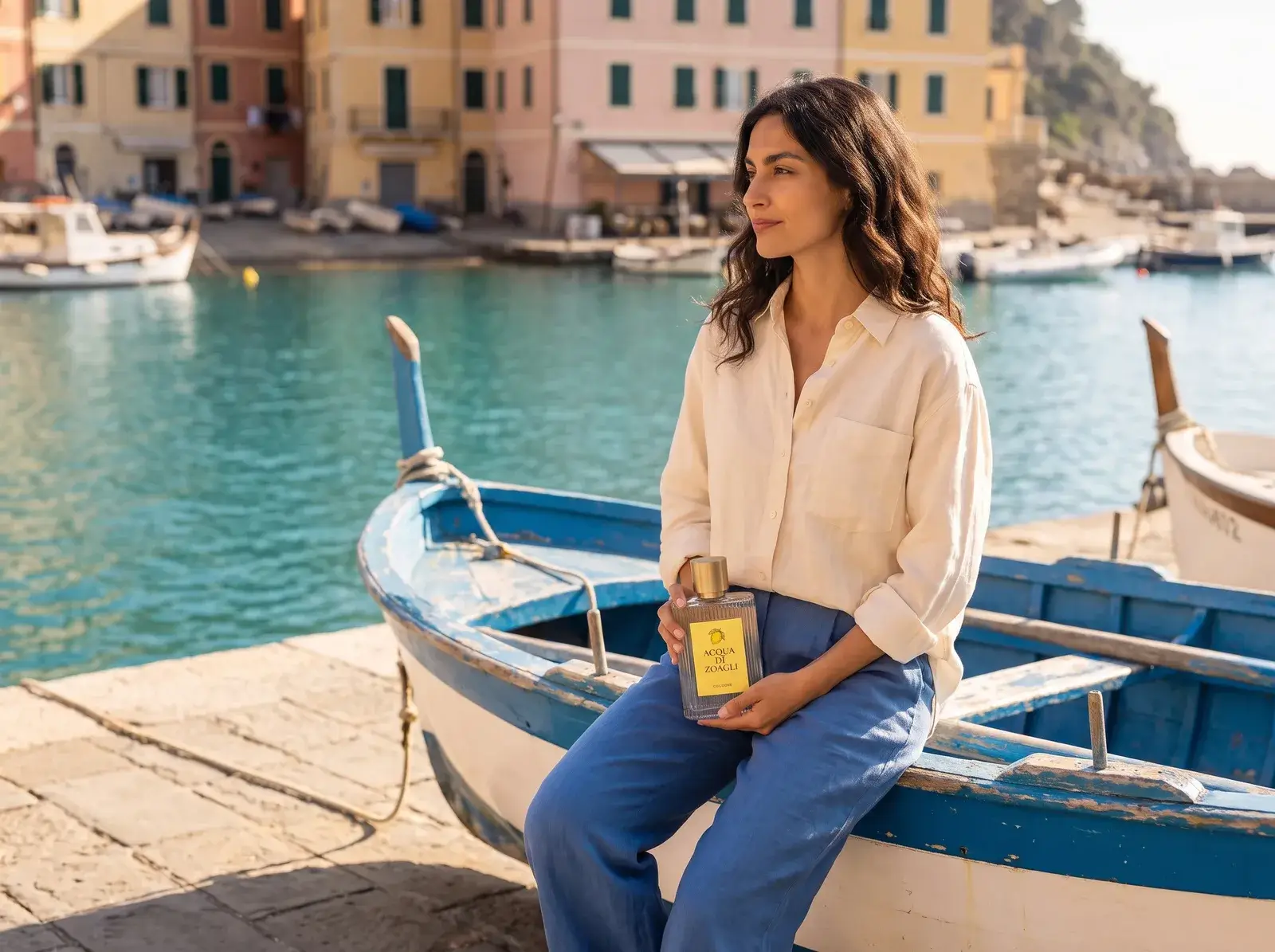 The same model seated on a blue wooden boat on the quay, holding the cologne bottle in her lap