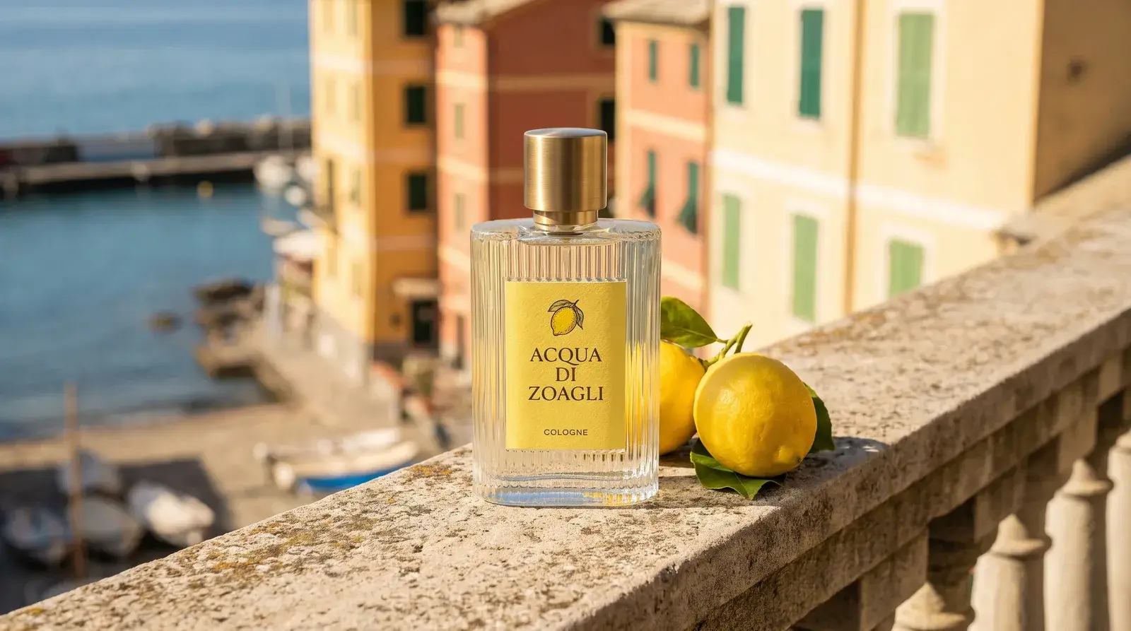 A cologne bottle with a yellow label on a stone balustrade above a harbor
