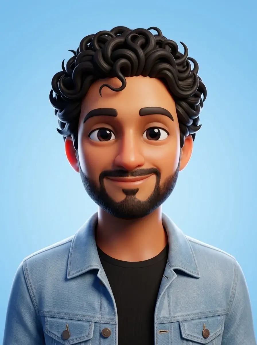 A glossy 3D avatar of a man with curly black hair and a beard in a denim jacket against a sky blue background