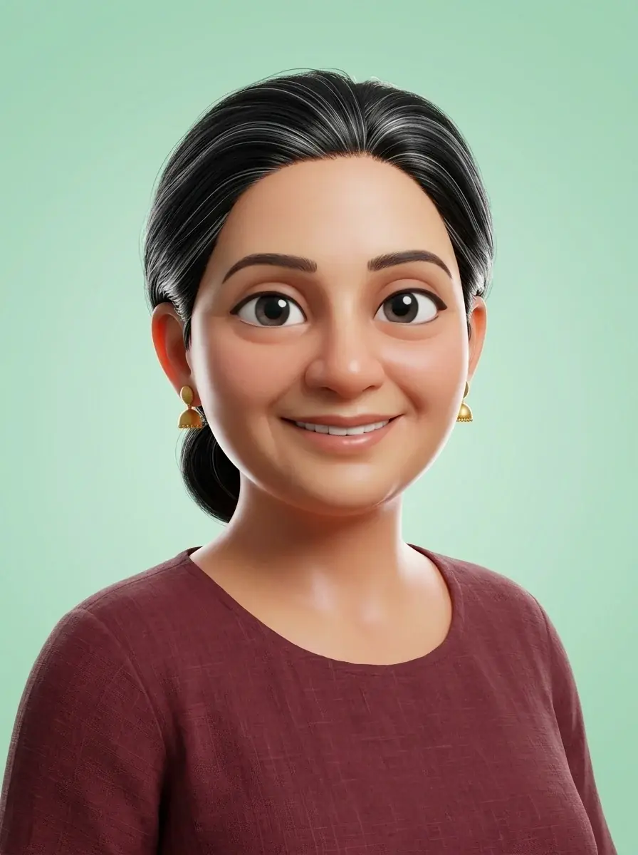 A glossy 3D avatar of a woman with her black hair in a bun and gold earrings in a maroon top against a mint background