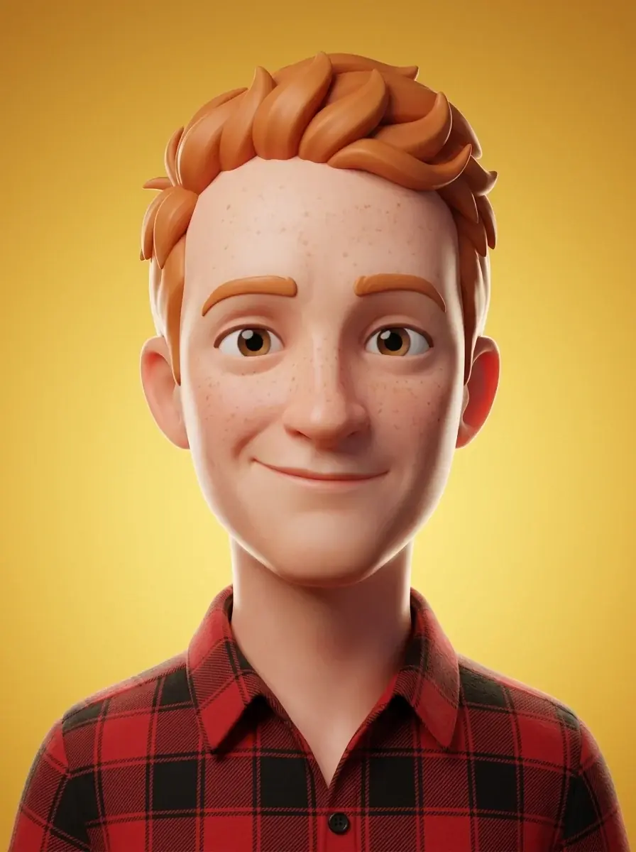 A glossy 3D avatar of a freckled man with ginger hair in a red flannel shirt against a yellow background
