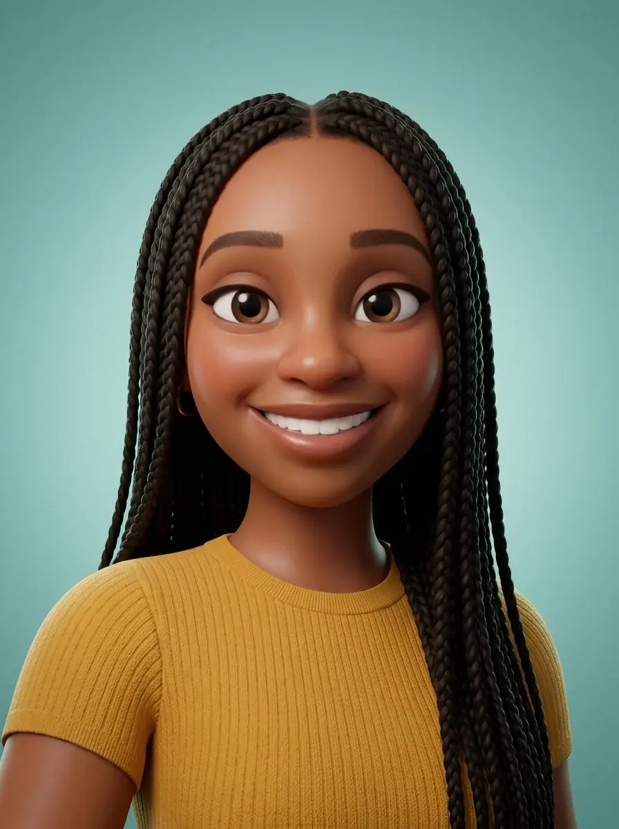A glossy 3D avatar of a smiling woman with long box braids in a mustard top against a teal background