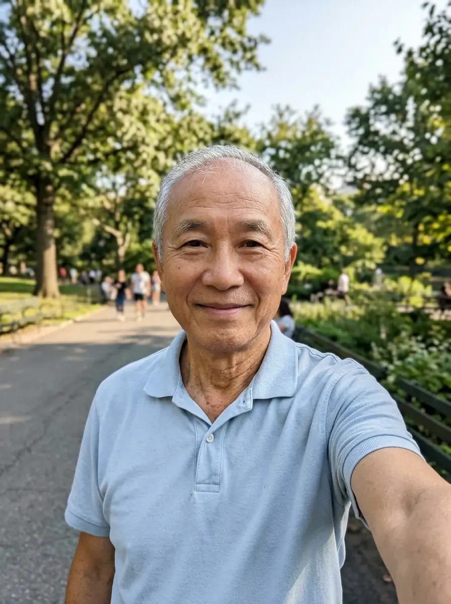 A phone selfie of a man around seventy with short grey hair and a pale blue polo shirt in a park