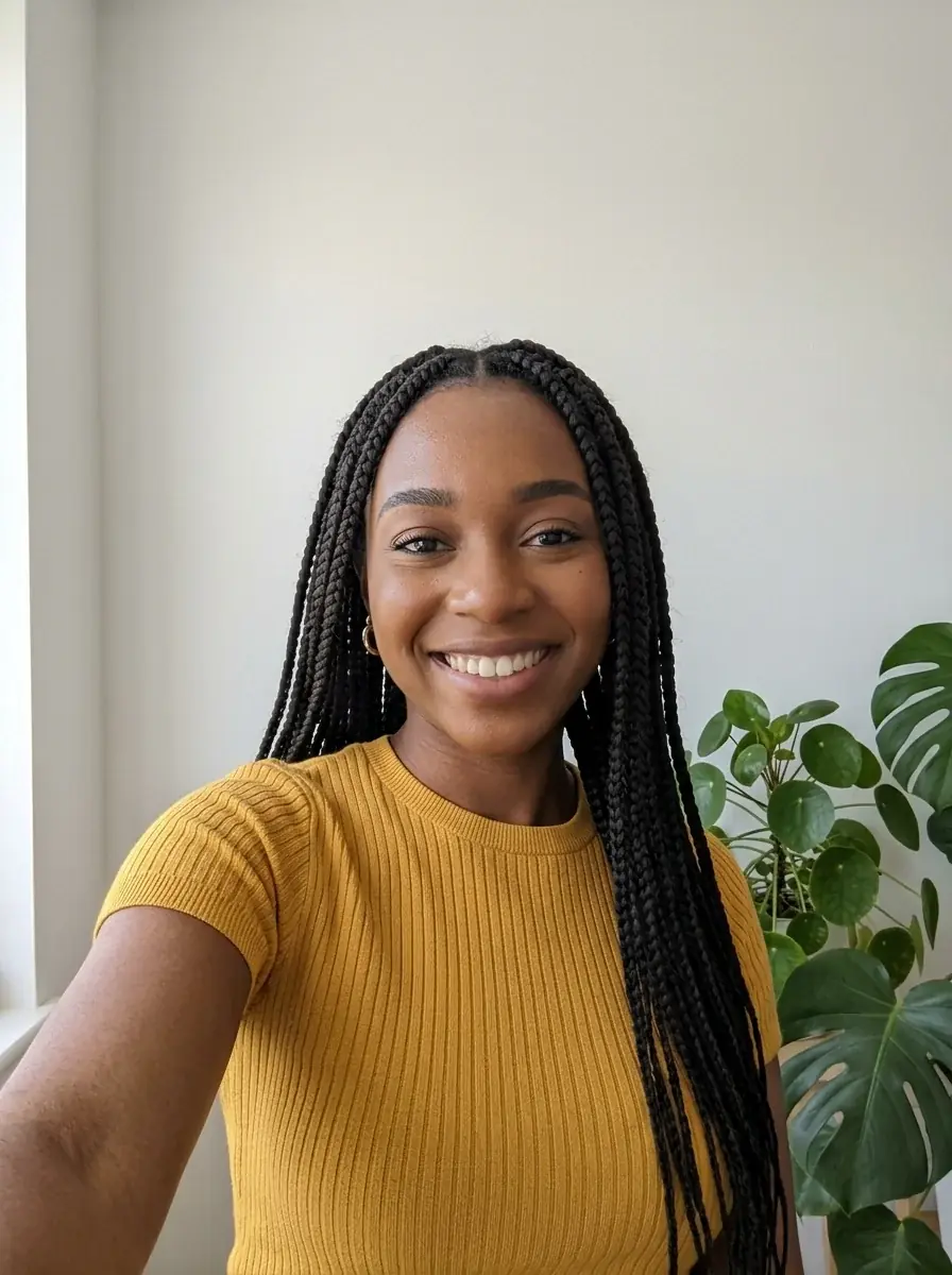 A phone selfie of a young woman with long box braids and a mustard yellow top against a white wall