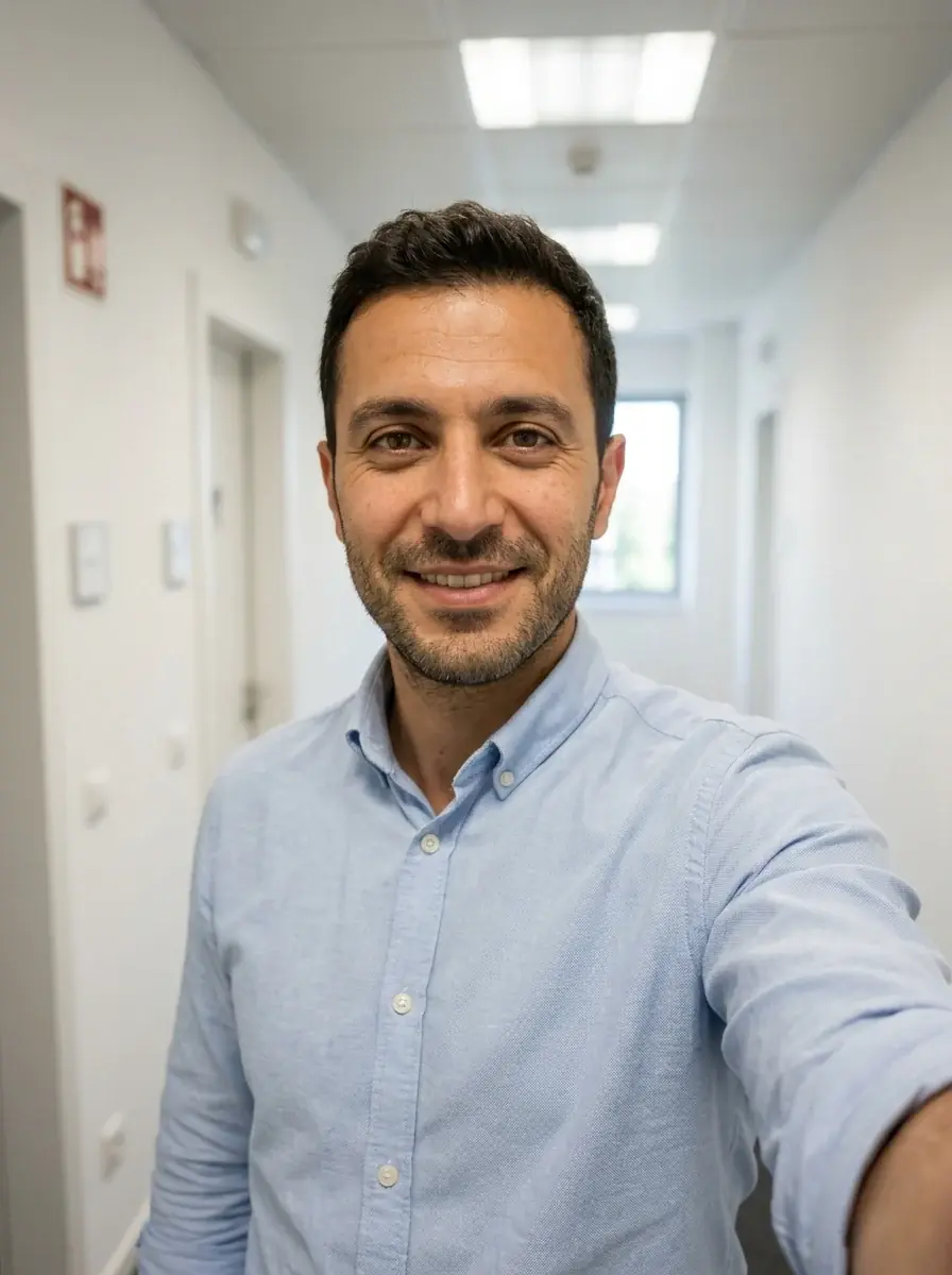 A phone selfie of a man in his thirties with short dark hair, stubble and a light blue shirt in an office corridor