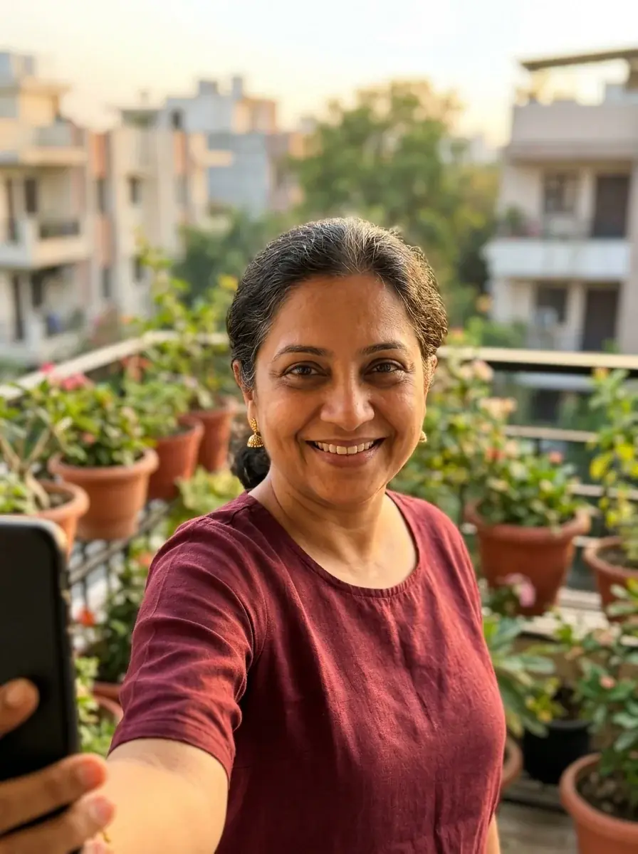 A phone selfie of a woman around fifty with her black hair in a bun and a maroon top on a balcony full of potted plants
