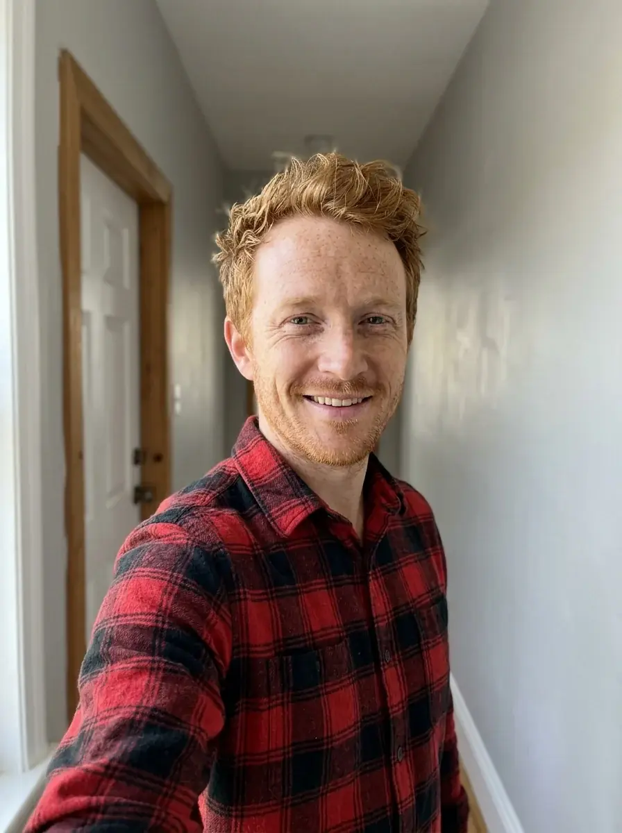 A phone selfie of a man with short ginger hair, freckles and a red and black flannel shirt in a hallway