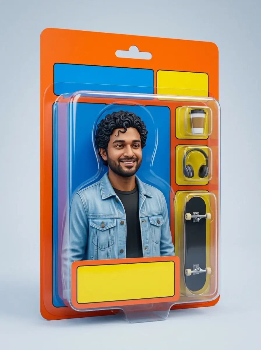 An action figure of a curly-haired man in a denim jacket in a clear blister pack on an orange card, with a coffee cup, headphones and a skateboard in their own slots