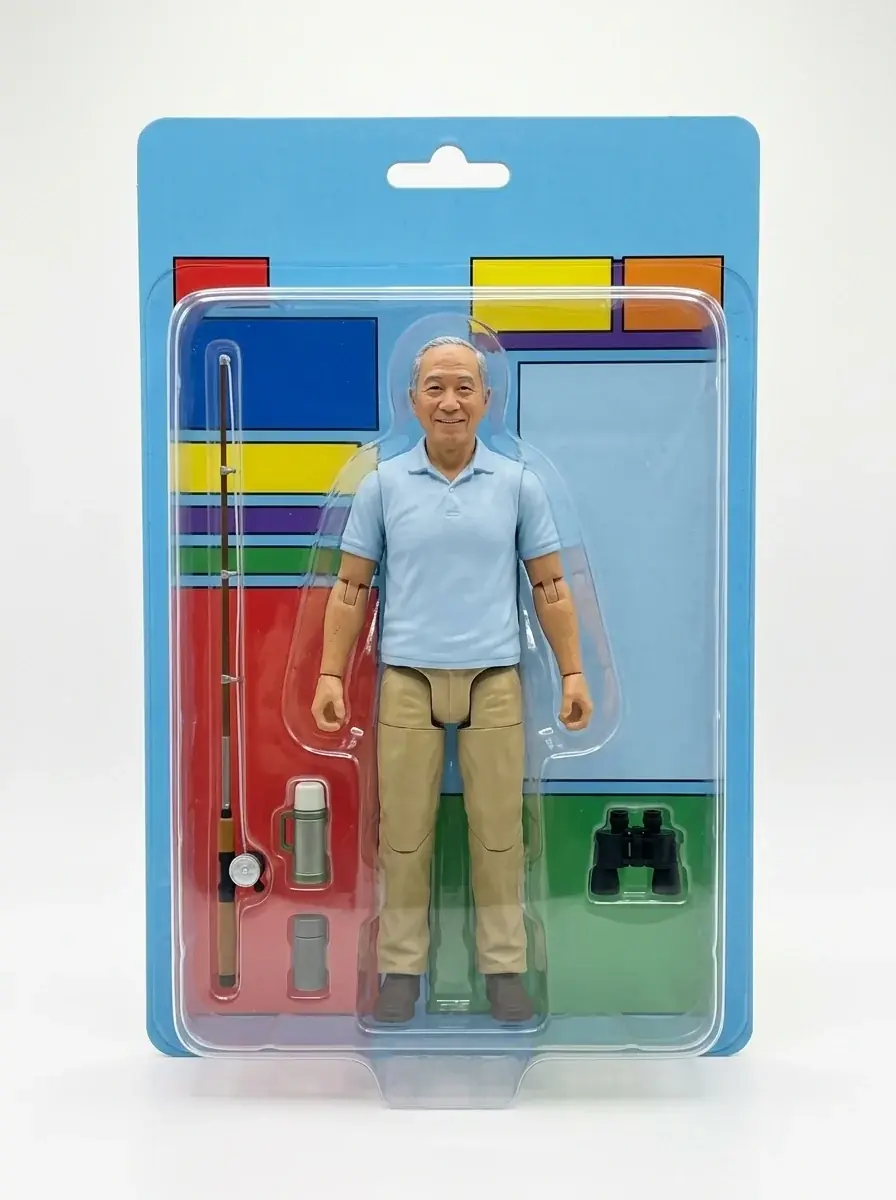 An action figure of a grey-haired man in a pale blue polo in a blister pack on a blue card, with a fishing rod, a thermos and binoculars