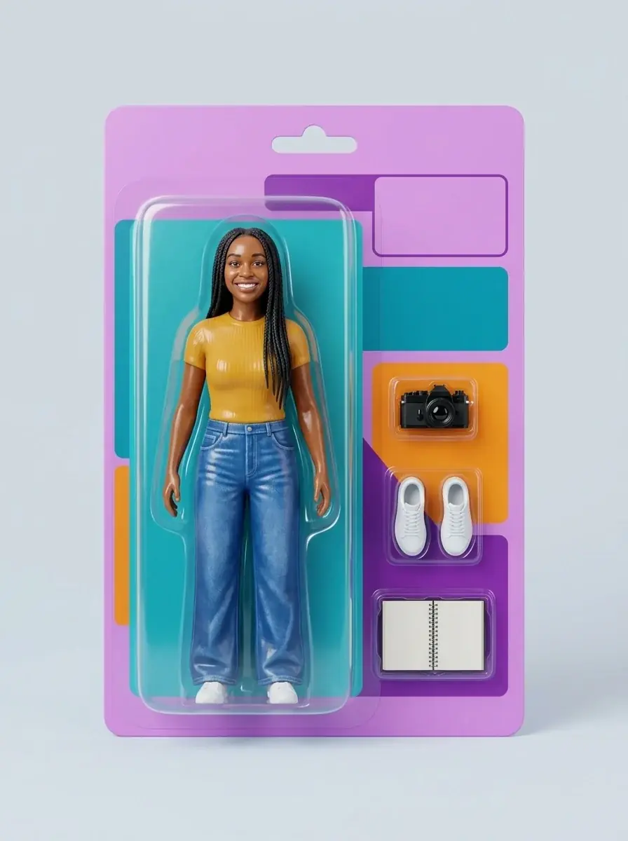 An action figure of a woman with long box braids in a yellow top and wide jeans in a blister pack on a lilac card, with a film camera, sneakers and a sketchbook