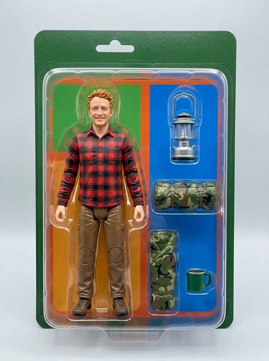 An action figure of a freckled ginger man in a flannel shirt and boots in a blister pack on a green card, with a lantern, a sleeping bag and a tin mug