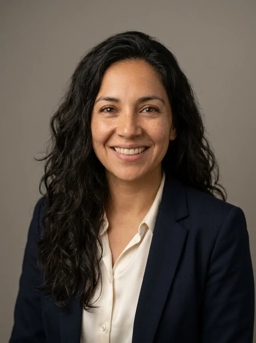 A studio headshot of a woman with long dark wavy hair in a navy blazer over a cream blouse against a warm grey backdrop