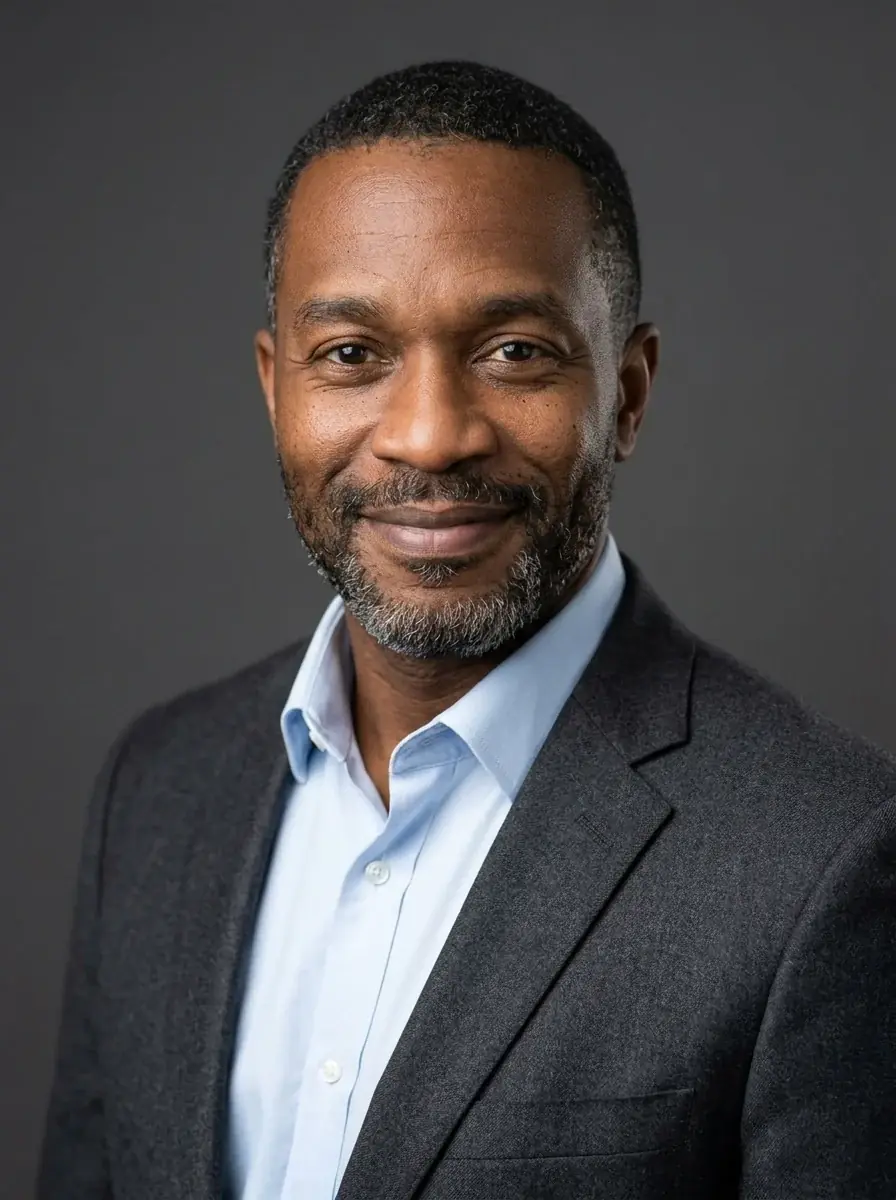 A studio headshot of a bearded man in a charcoal jacket and light blue open-collar shirt against a dark grey backdrop