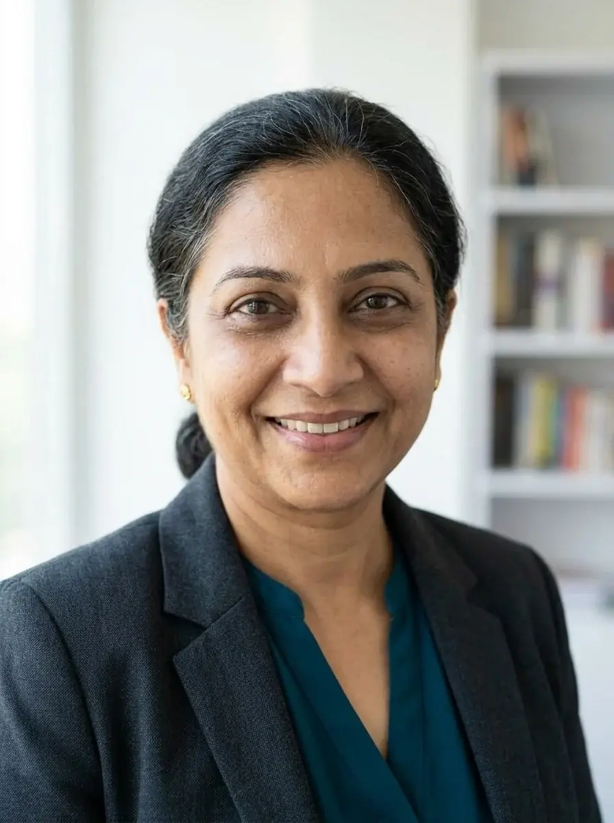 A headshot of a woman with her black hair in a low bun and gold studs, in a teal blouse and charcoal blazer, bookshelves blurred behind her