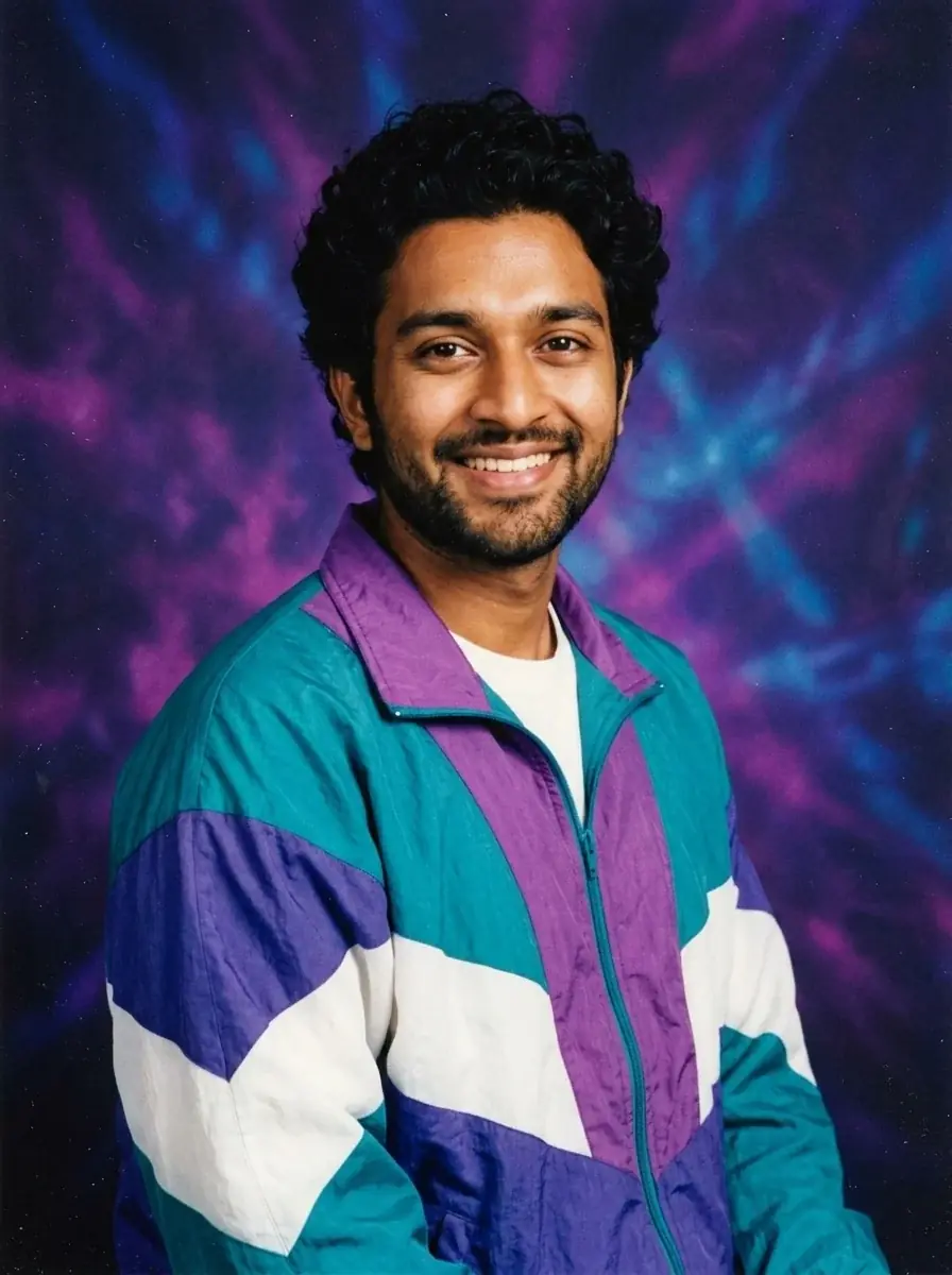 A 90s yearbook portrait of a curly-haired bearded man in a teal, purple and white windbreaker against a purple laser backdrop