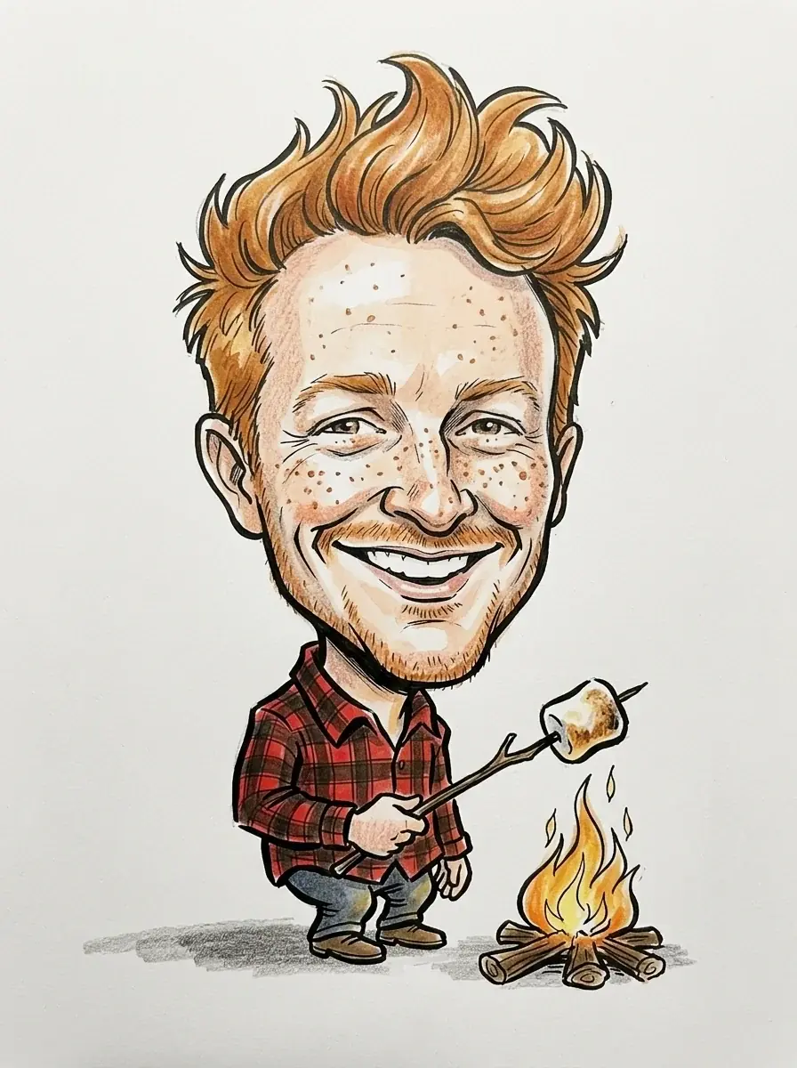 A watercolor caricature of a freckled man with big ginger hair in a flannel shirt roasting a marshmallow over a campfire