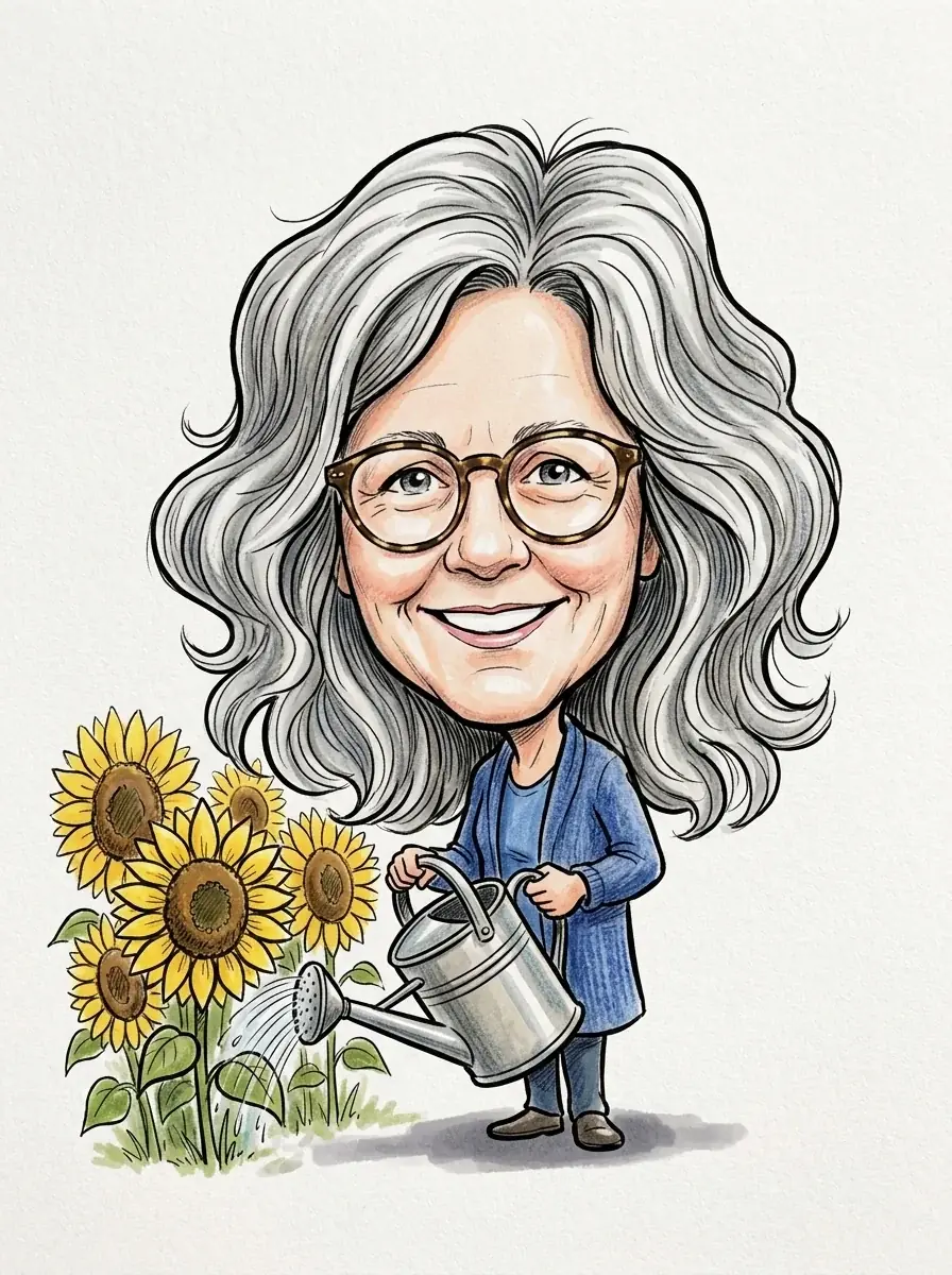 A watercolor caricature of a woman with big grey hair and round glasses watering sunflowers with an oversized can