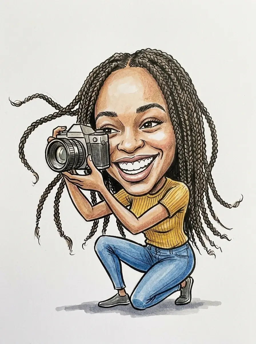 A watercolor caricature of a woman with long flying braids crouching to shoot with a film camera