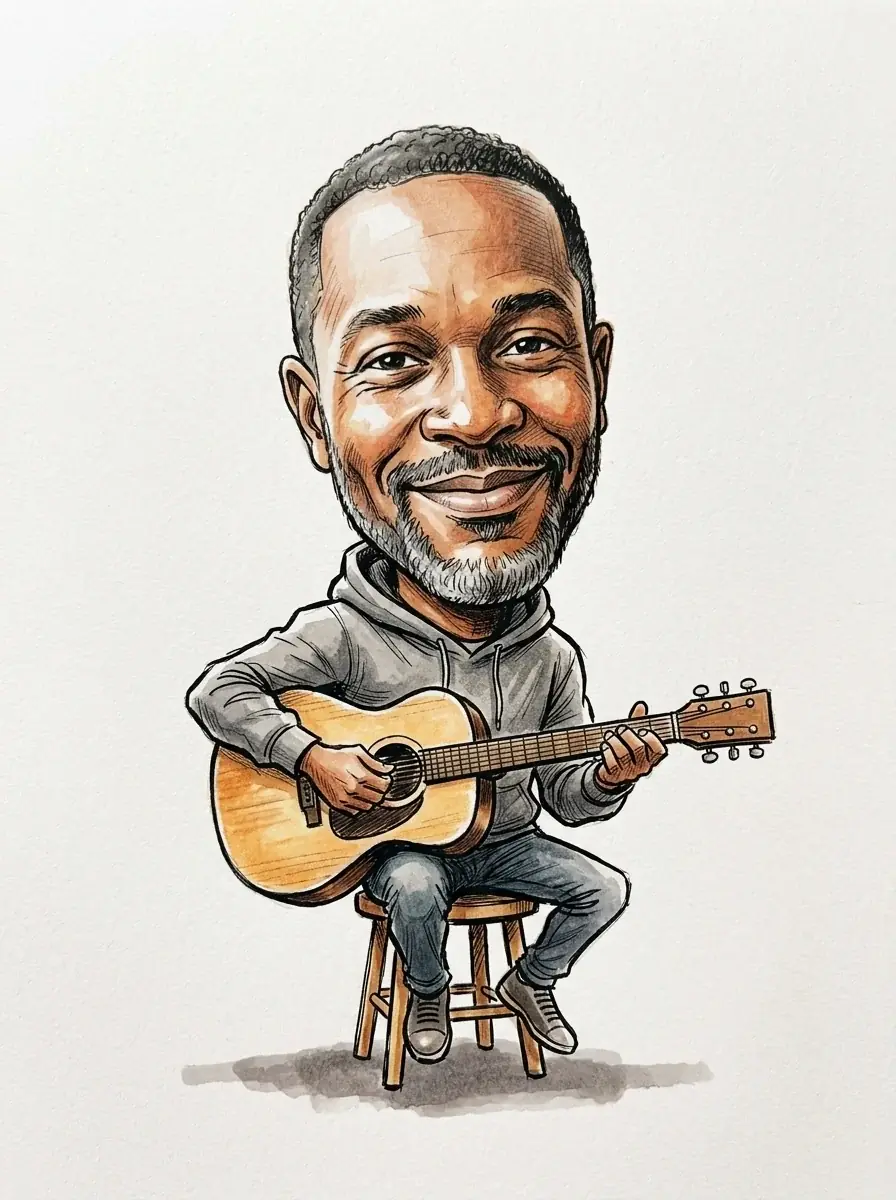 A watercolor caricature of a bearded man in a grey hoodie playing an acoustic guitar on a stool