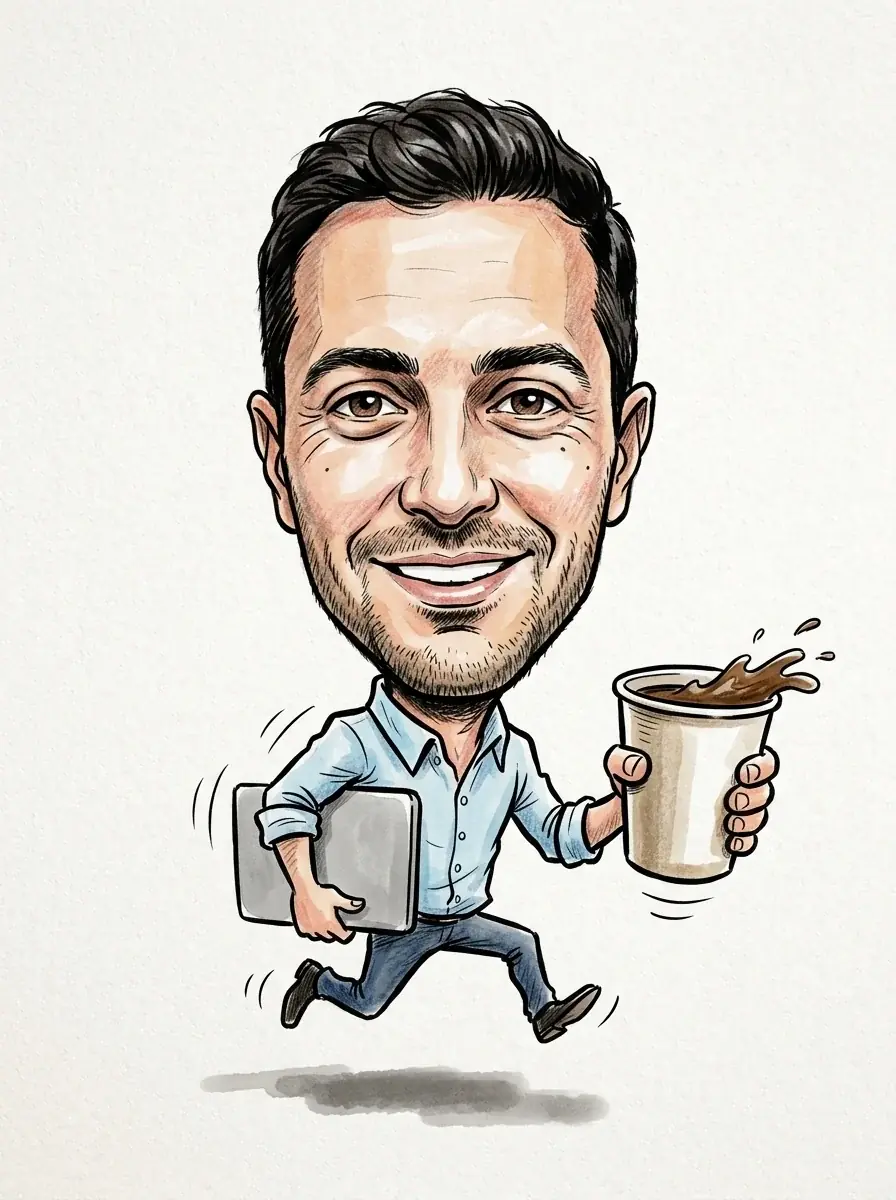 A watercolor caricature of a grinning man in a blue shirt running with a laptop under his arm and a giant spilling coffee