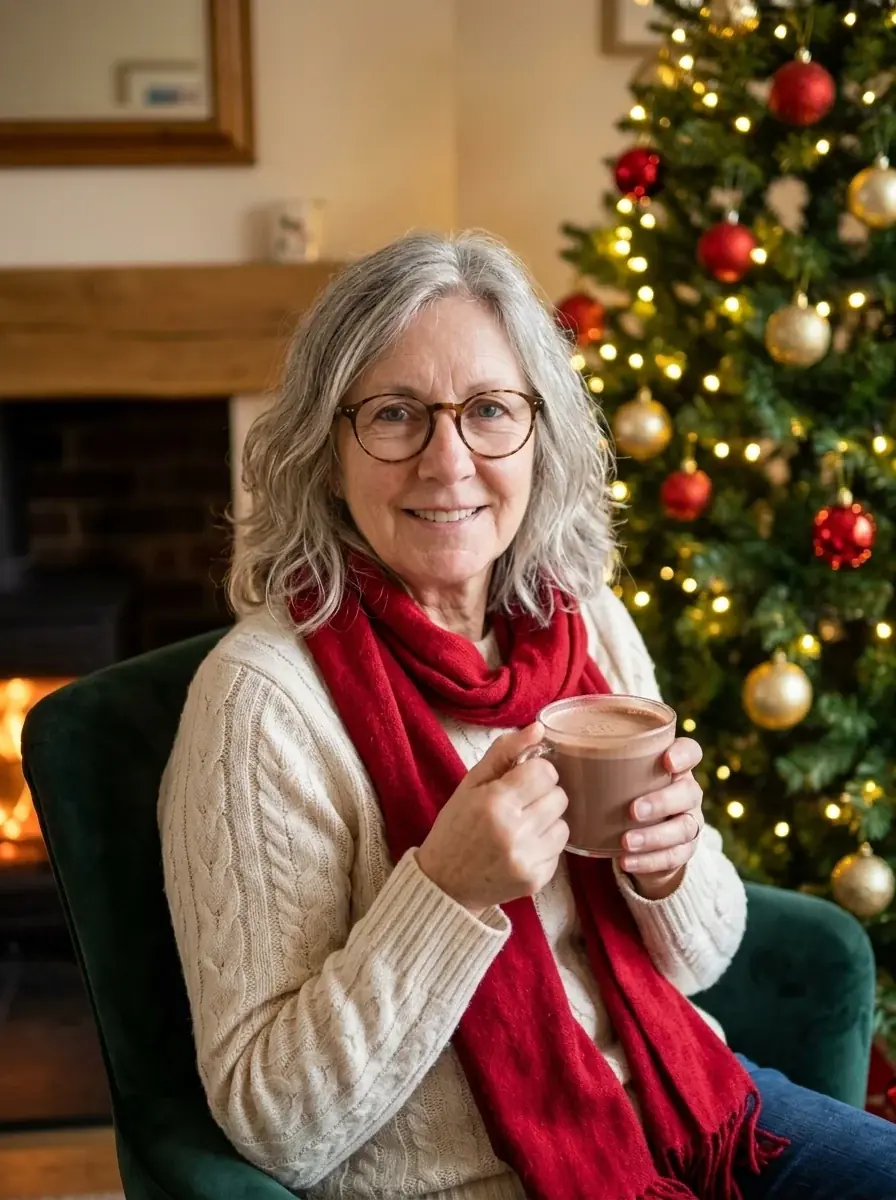 A woman with grey hair and glasses in a cream sweater and red scarf holding cocoa in an armchair beside a lit Christmas tree