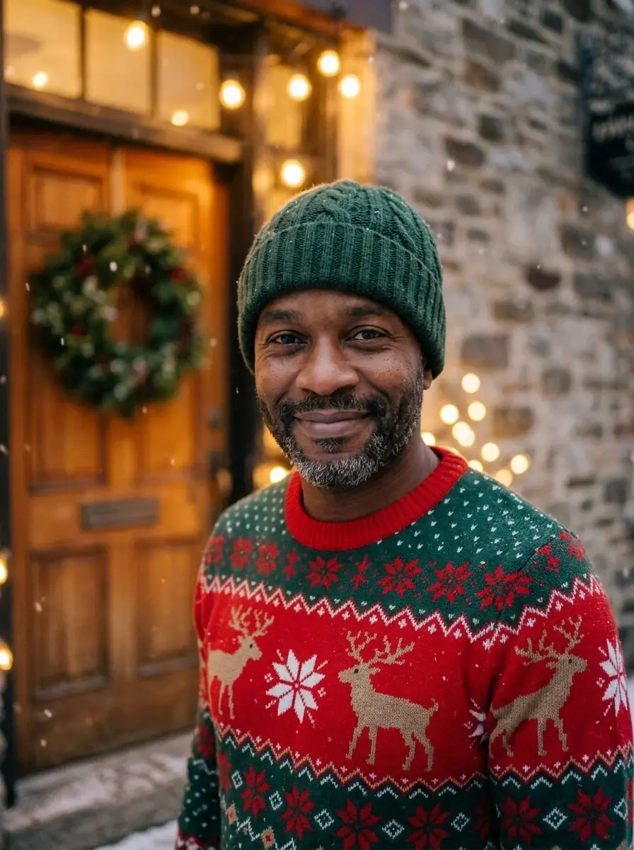 A bearded man in a green beanie and reindeer holiday sweater outside a wooden door with a wreath and string lights