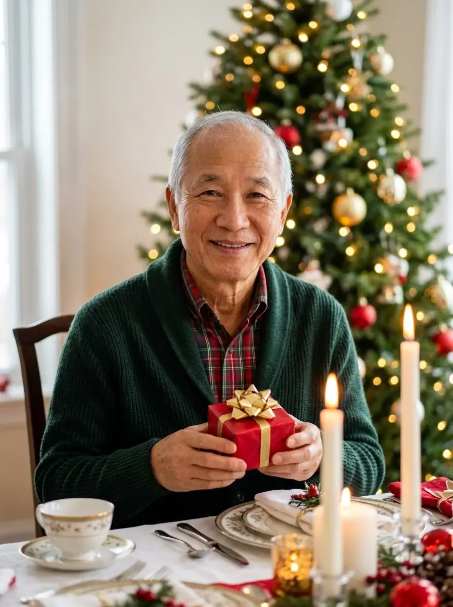 A grey-haired man in a green cardigan holding a small wrapped gift at a candlelit holiday table, a tree glowing behind him