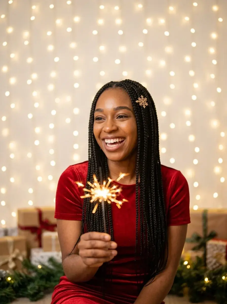 A laughing woman with box braids in a red velvet dress holding a sparkler in front of a wall of fairy lights