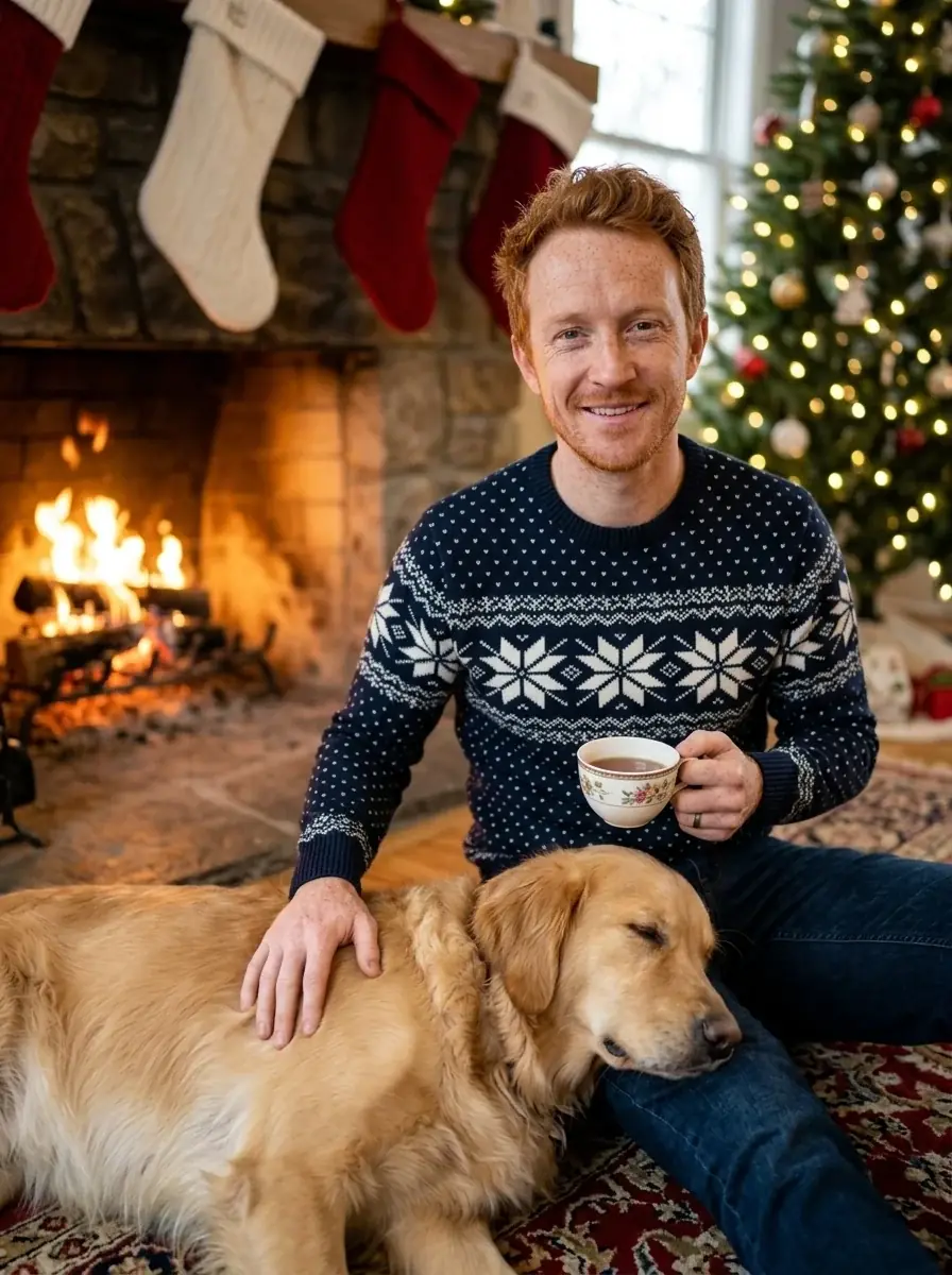 A ginger man in a snowflake sweater with a cup of tea by a stone fireplace with stockings, a golden retriever asleep beside him