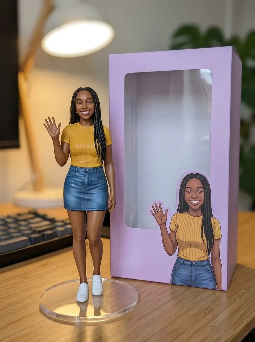 A figurine of a woman with box braids in a yellow top and denim skirt, waving, on a clear acrylic base on a desk beside a lilac box printed with her portrait