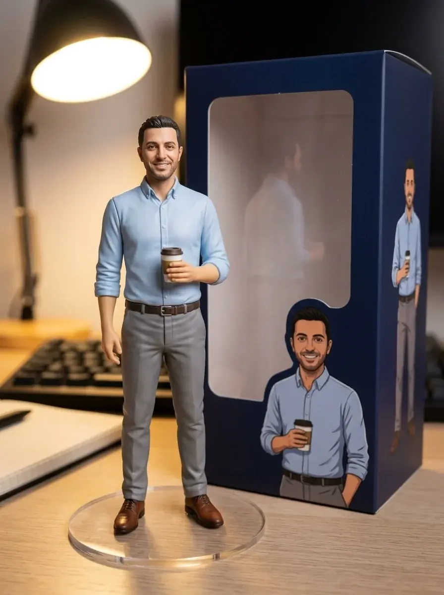 A figurine of a man in a light blue shirt and grey chinos holding a coffee cup, on an acrylic base beside a navy box printed with his portrait