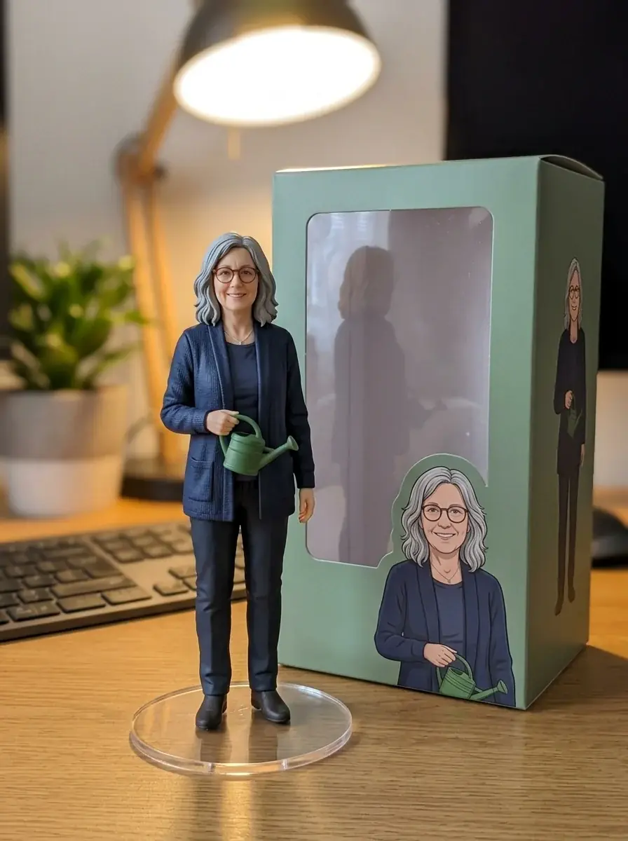 A figurine of a grey-haired woman in glasses and a navy cardigan holding a watering can, beside a sage green box printed with her portrait