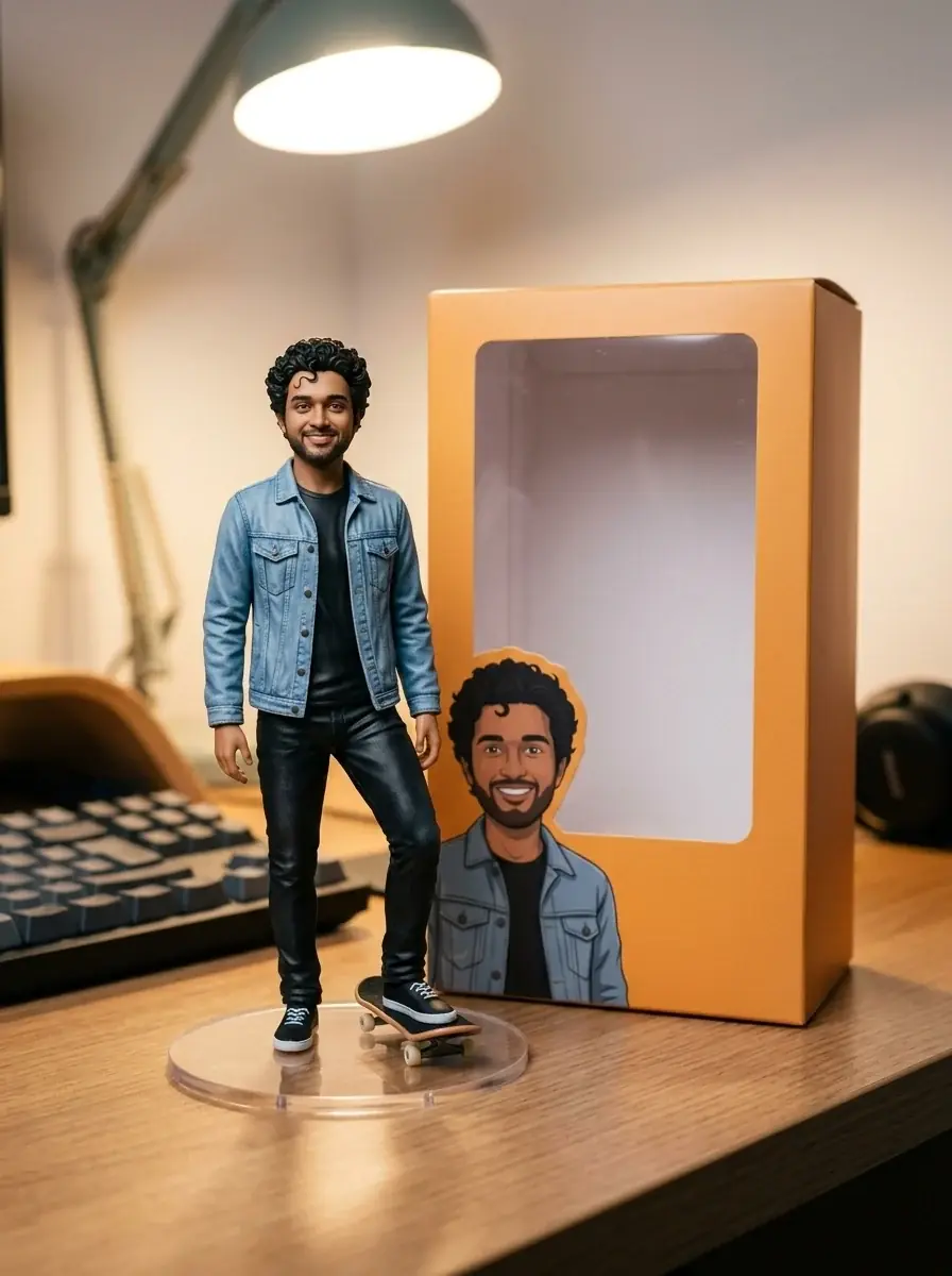 A figurine of a curly-haired man in a denim jacket with one foot on a skateboard, beside an orange box printed with his portrait