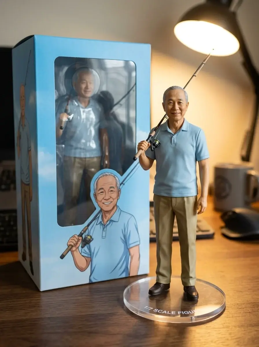 A figurine of a grey-haired man in a blue polo with a fishing rod over his shoulder, beside a sky blue box printed with his portrait, under a desk lamp