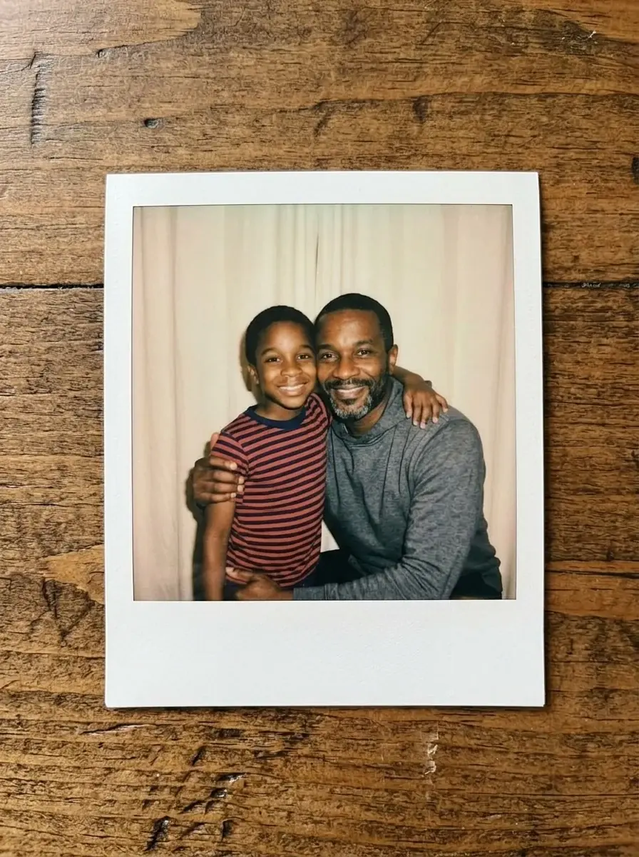 A Polaroid on a wooden table of a bearded man in a grey hoodie hugging himself as a boy in a striped t-shirt