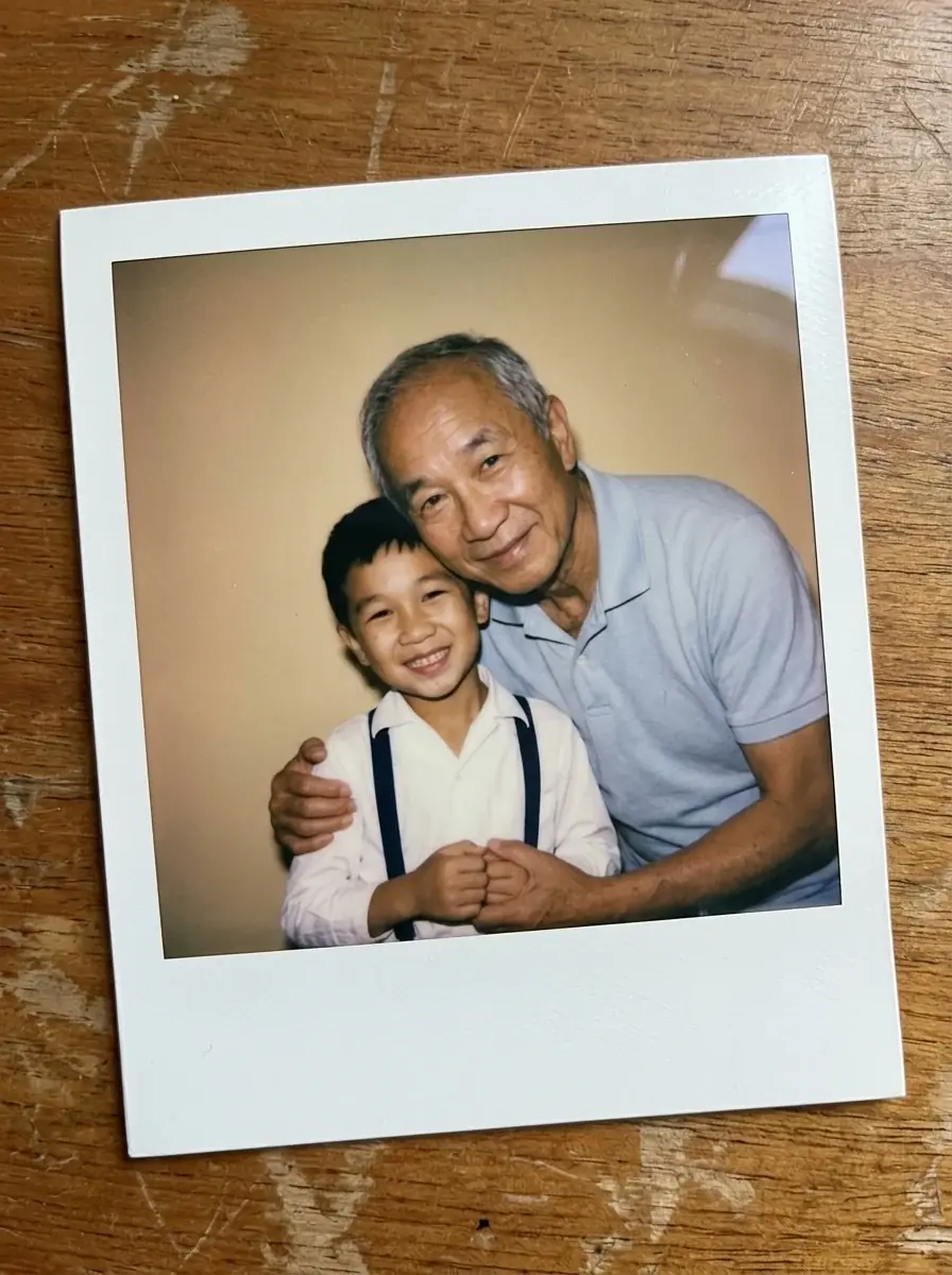 A Polaroid of a grey-haired man in a blue polo hugging himself as a boy in a white shirt and suspenders