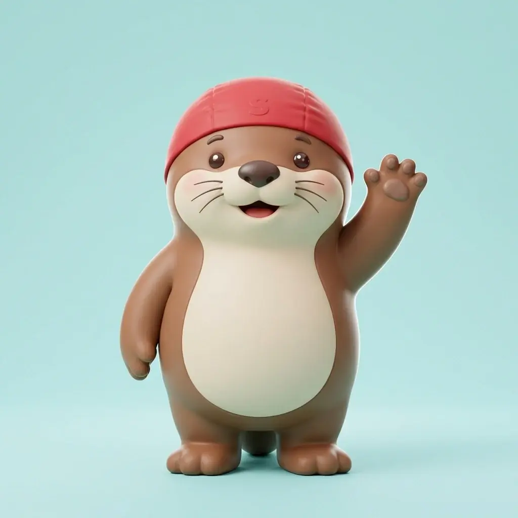 A chubby 3D sea otter mascot in a red swim cap, smiling and waving one paw, in smooth matte vinyl on a pale aqua backdrop