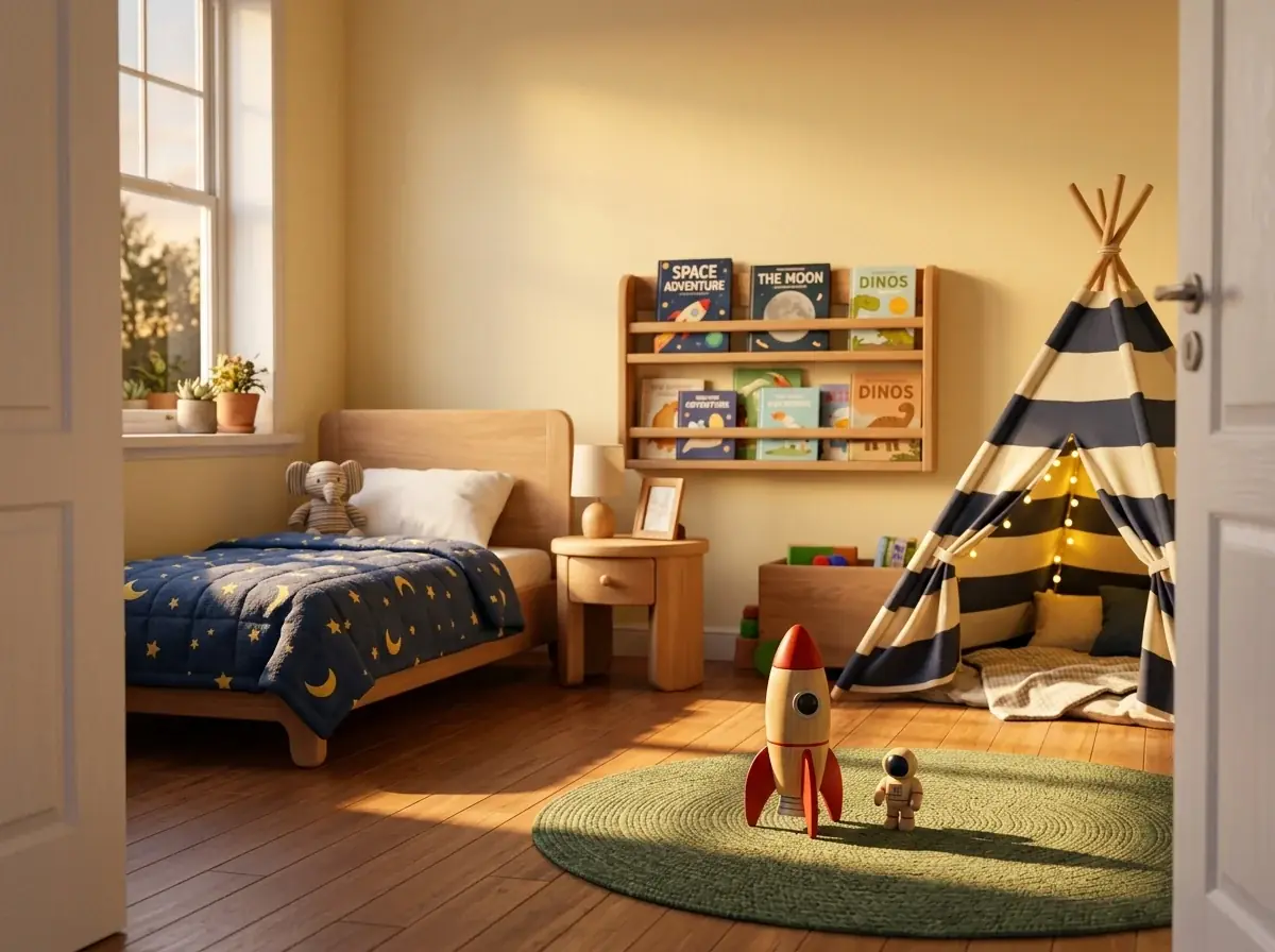 A 3D child's bedroom in golden evening light seen through an open door: a wooden bed with a navy star and moon quilt, a shelf of picture books, a striped play tent with string lights and a toy rocket on a round green rug