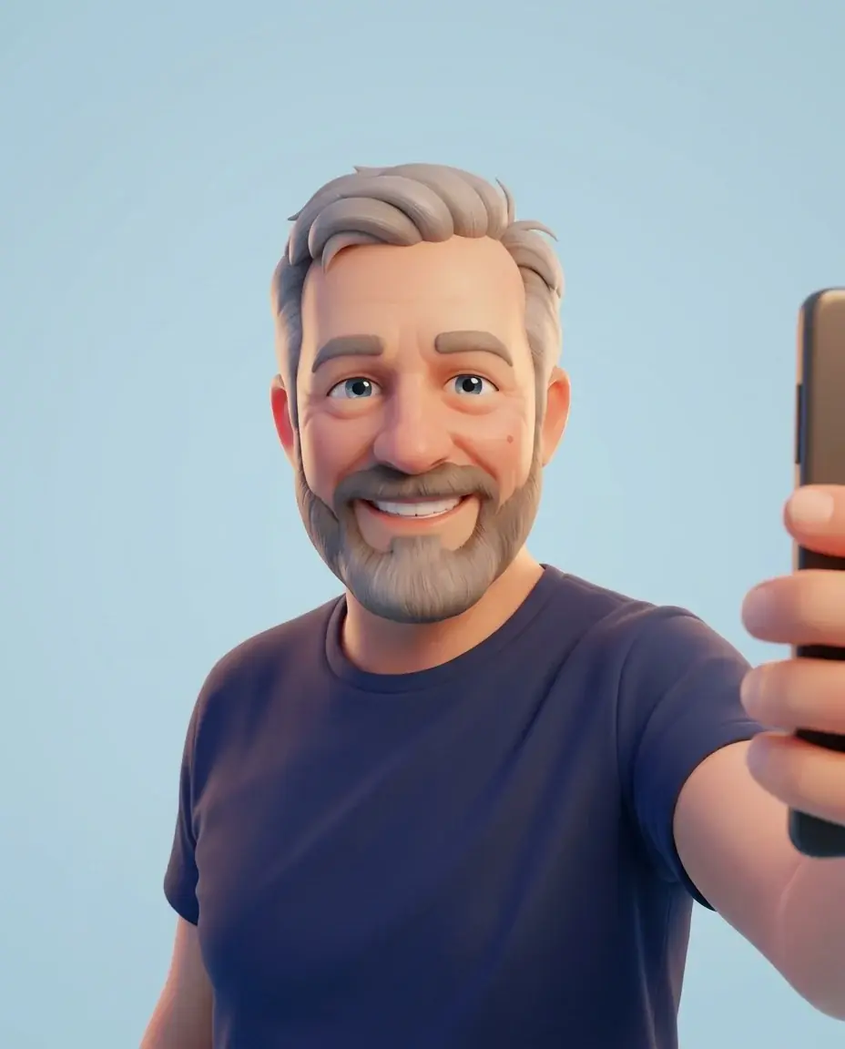 A smooth 3D character render of a grey-bearded man in a navy t-shirt grinning and holding up his phone, soft studio light on a pale blue backdrop