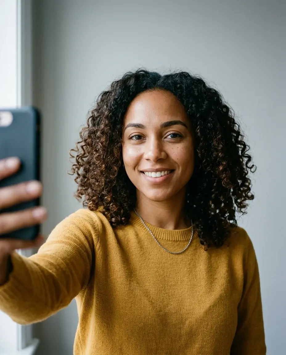 A phone selfie of a smiling woman with brown skin and dark curly hair in a mustard sweater, against a pale grey wall