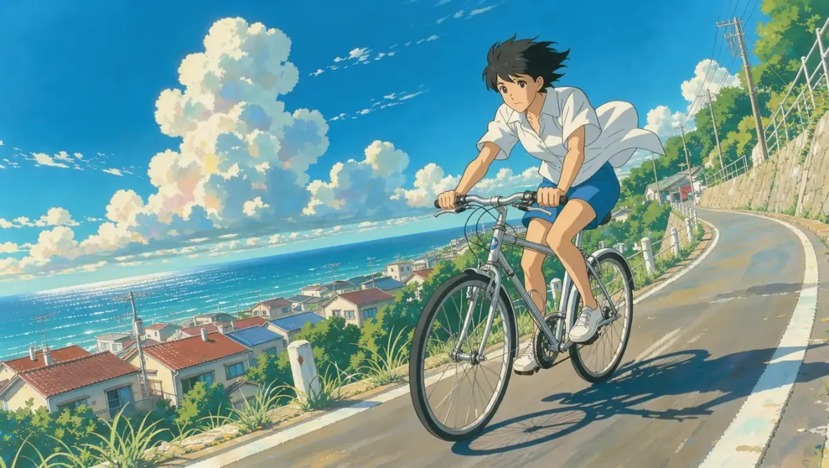 An anime girl in a white shirt and blue shorts riding a bicycle down a curving coast road, red-roofed houses and a pale sea below, soft painted summer clouds
