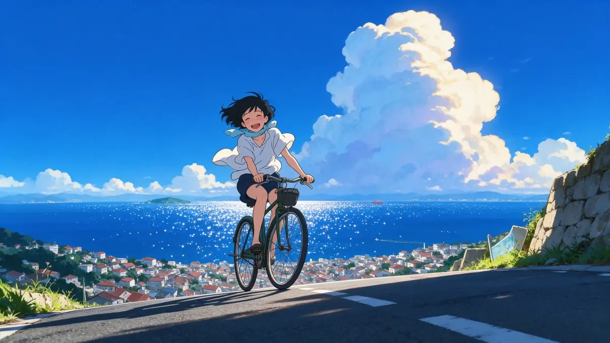 An anime girl laughing with her eyes closed as she rides a bicycle along a coast road, a deep blue sea, a white town below and a huge white cloud in a cobalt sky