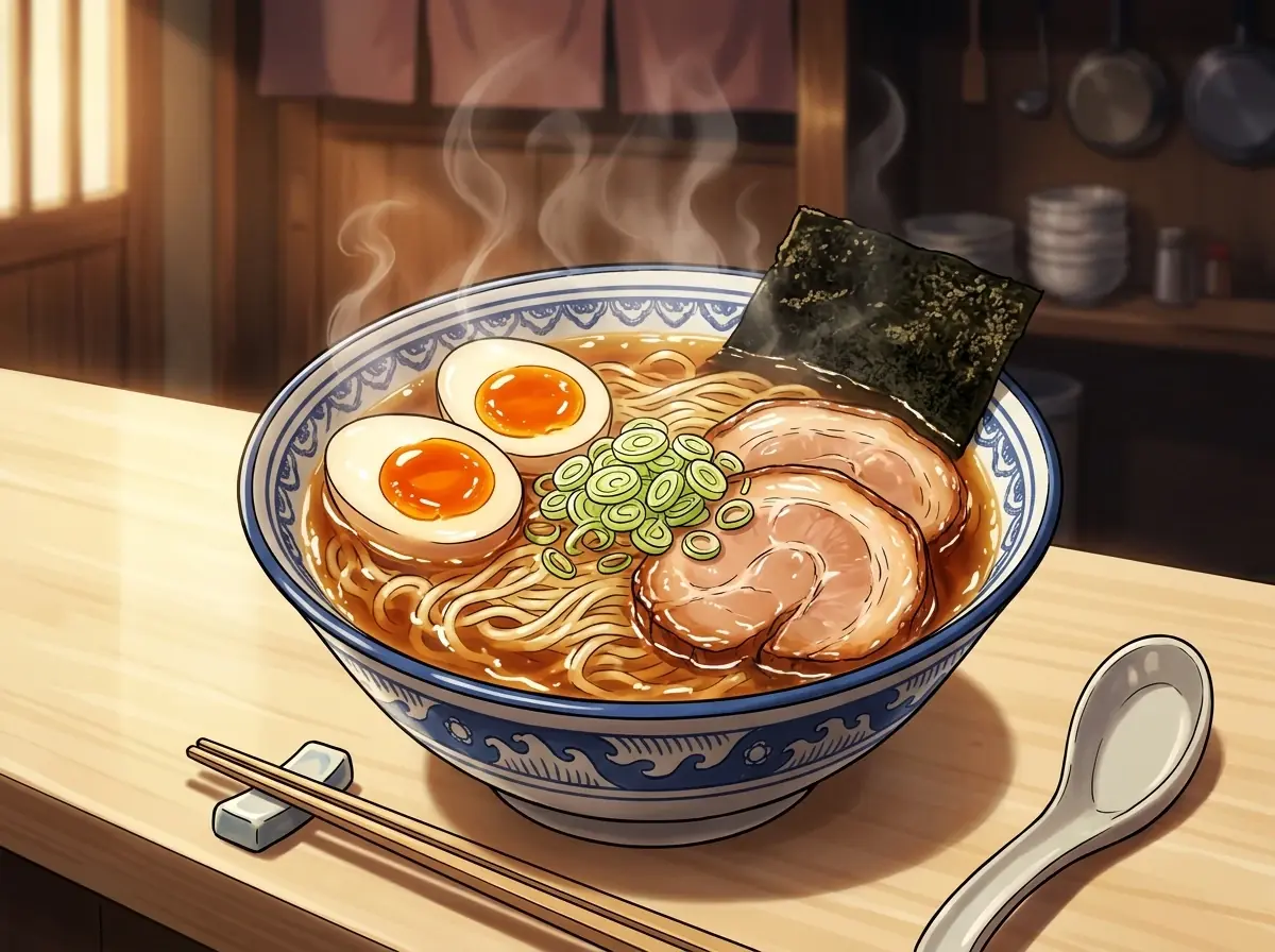 An anime painting of a blue and white bowl of shoyu ramen on a wooden counter: two halves of a jammy egg, two slices of chashu, scallions and nori, steam rising, chopsticks and a spoon beside it