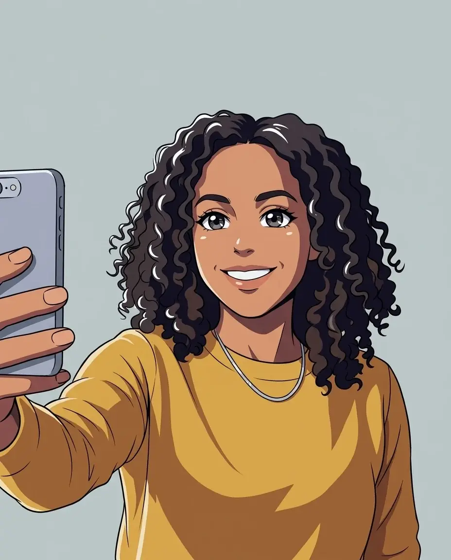 An anime drawing of a woman with dark curly hair in a mustard sweater, smiling and holding up her phone, clean ink lines and cel shading on a pale grey background