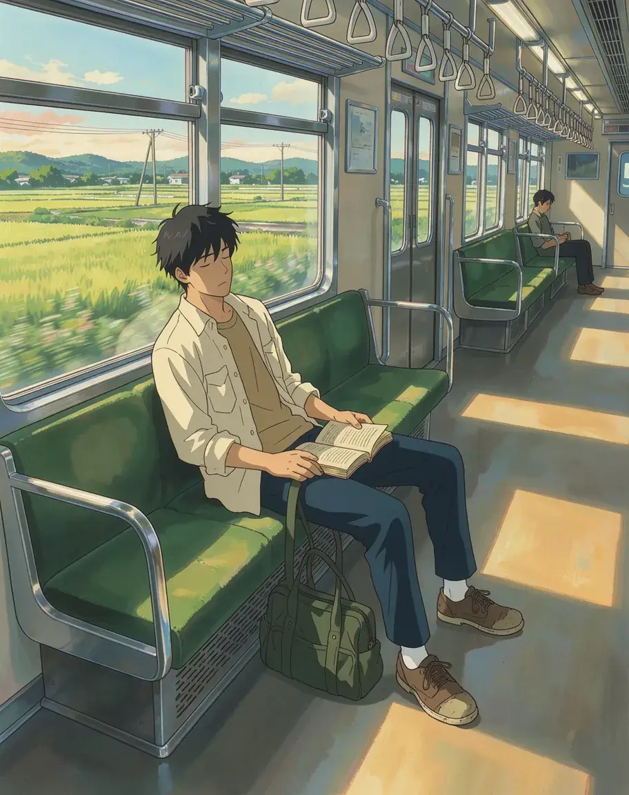 A young man asleep on the green bench of an almost empty local train, a paperback open on his lap, late sun laying gold rectangles on the floor and rice fields outside the windows