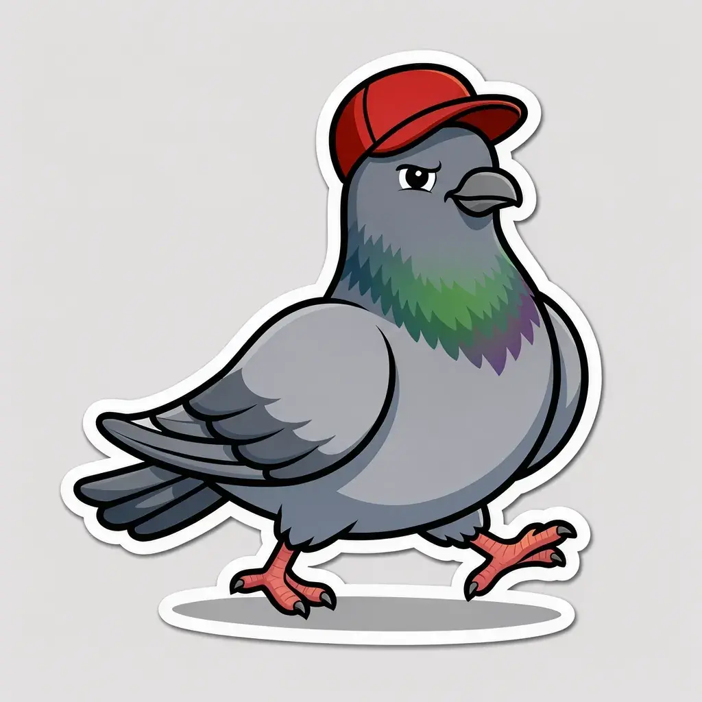 A die-cut cartoon sticker of a grey pigeon in a red cap with a green and purple sheen on its neck, mid-stride, a shadow under its feet